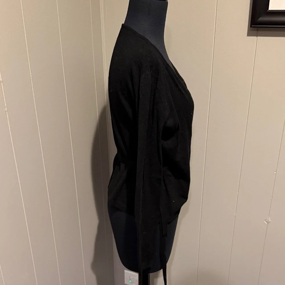Damo V Neck Classic Preppy Minimal Black Wrap Sweater with Waist Ties